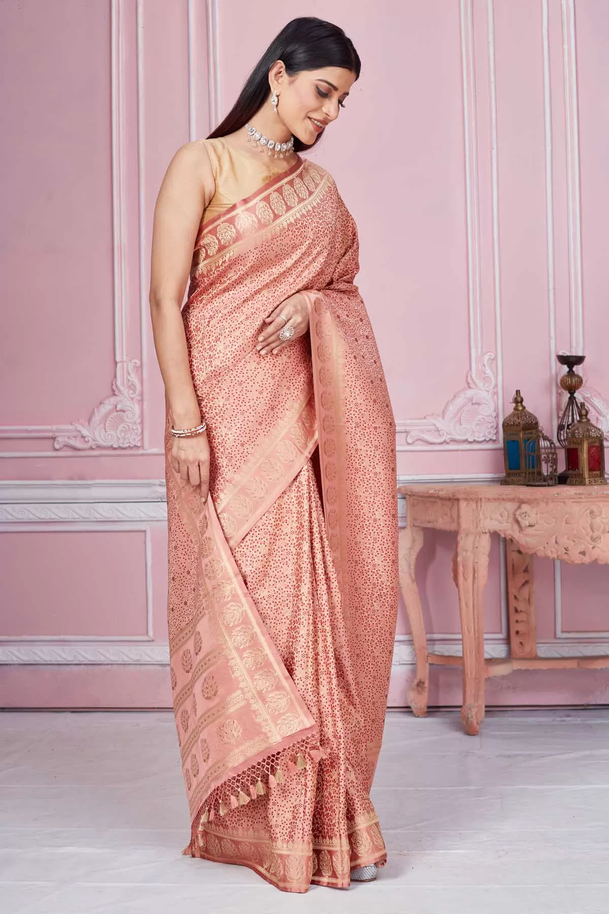 92A212 Dusty Pink Banarasi Saree with Floral Zari Border