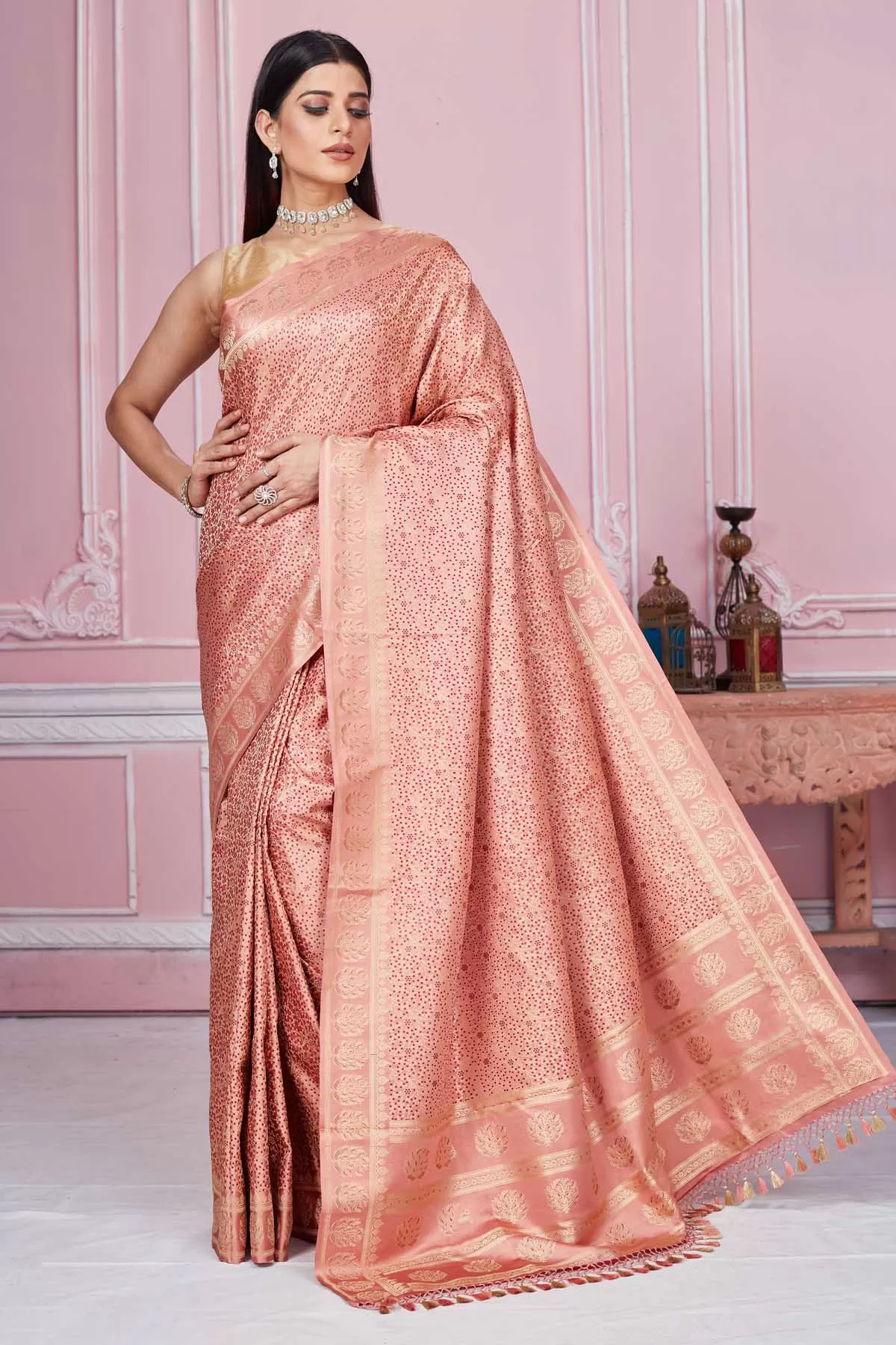 92A212 Dusty Pink Banarasi Saree with Floral Zari Border