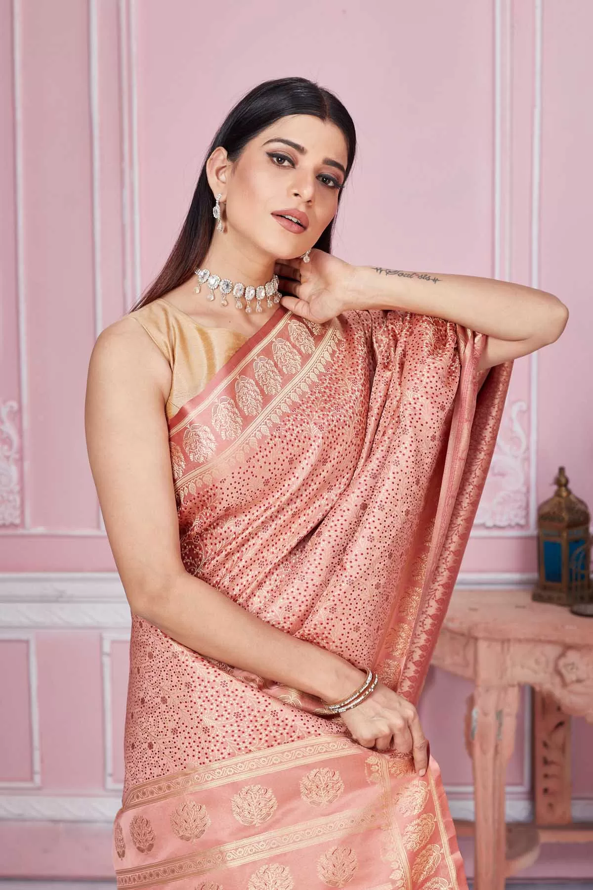 92A212 Dusty Pink Banarasi Saree with Floral Zari Border