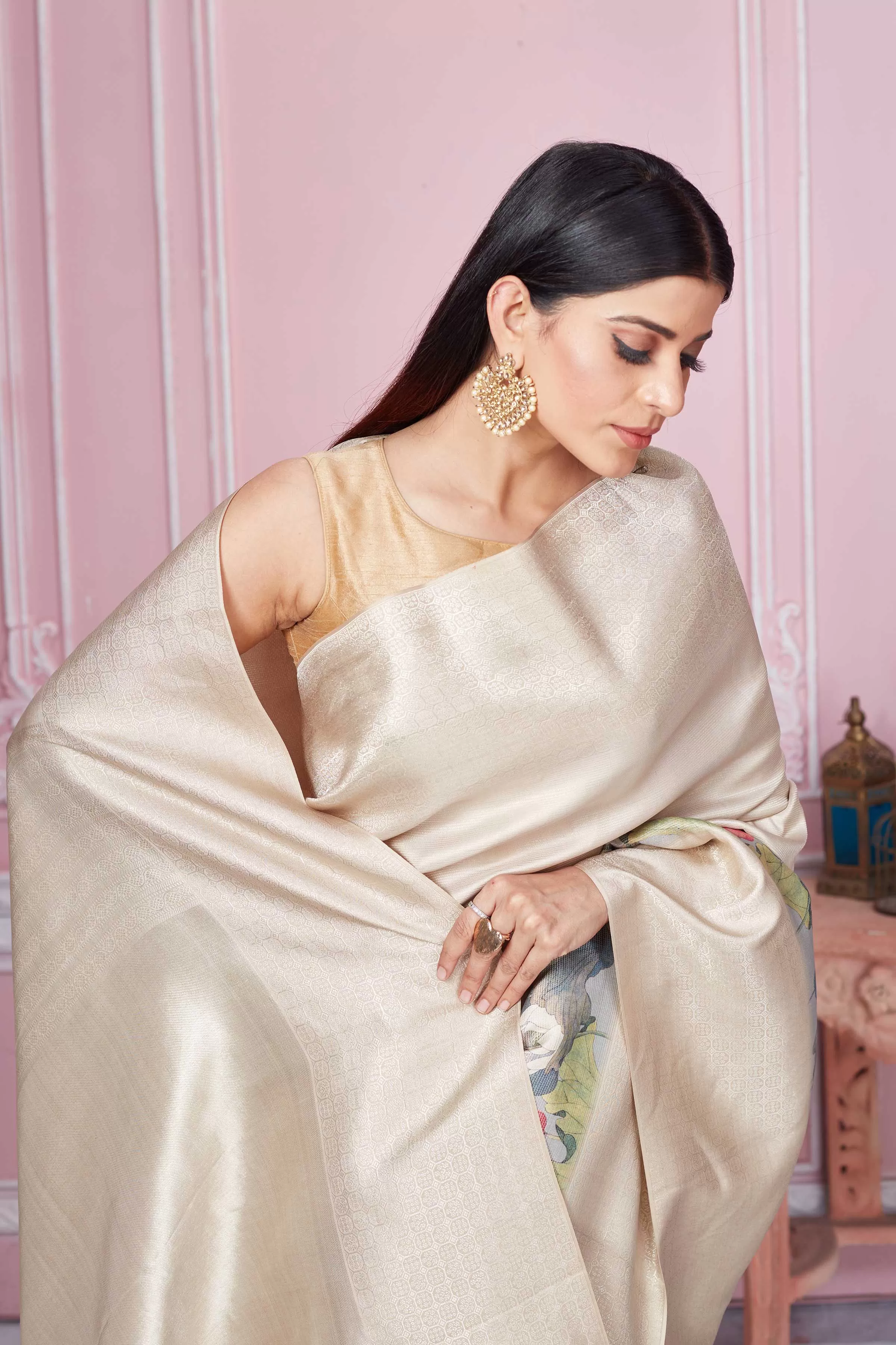 92A226 Beige Floral Banarasi Saree With Zari Border