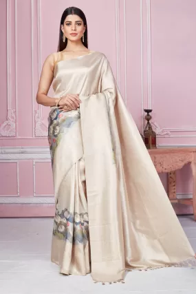 92A226 Beige Floral Banarasi Saree With Zari Border