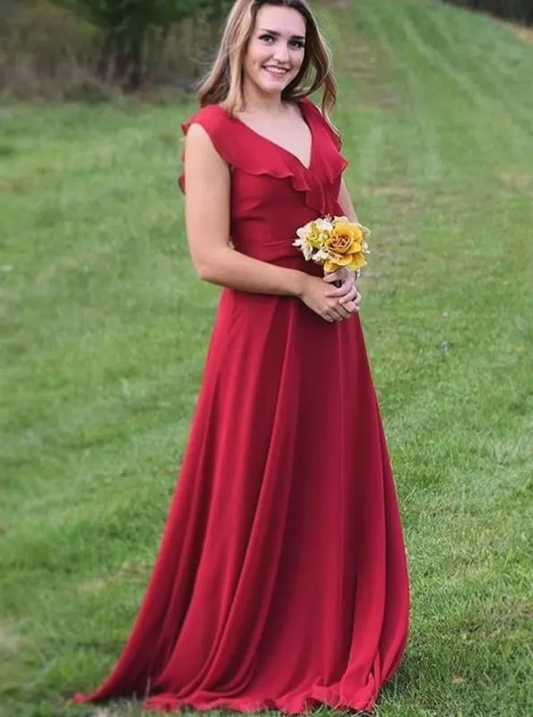 A-Line V-Neck Red Chiffon with Ruffles Bridesmaid Dress