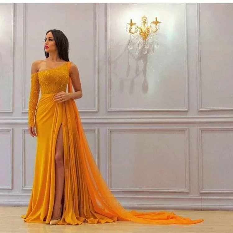 A Line Yellow One Long Sleeve Chiffon Prom Dresses High Slit Formal Dresses