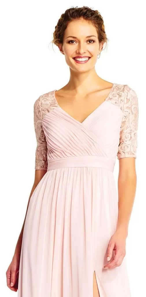 Adrianna Papell - Half Sleeve Pin-Tucked Bodice Long Gown AP1E201417 - 1 pc Blush In Size 12 Available