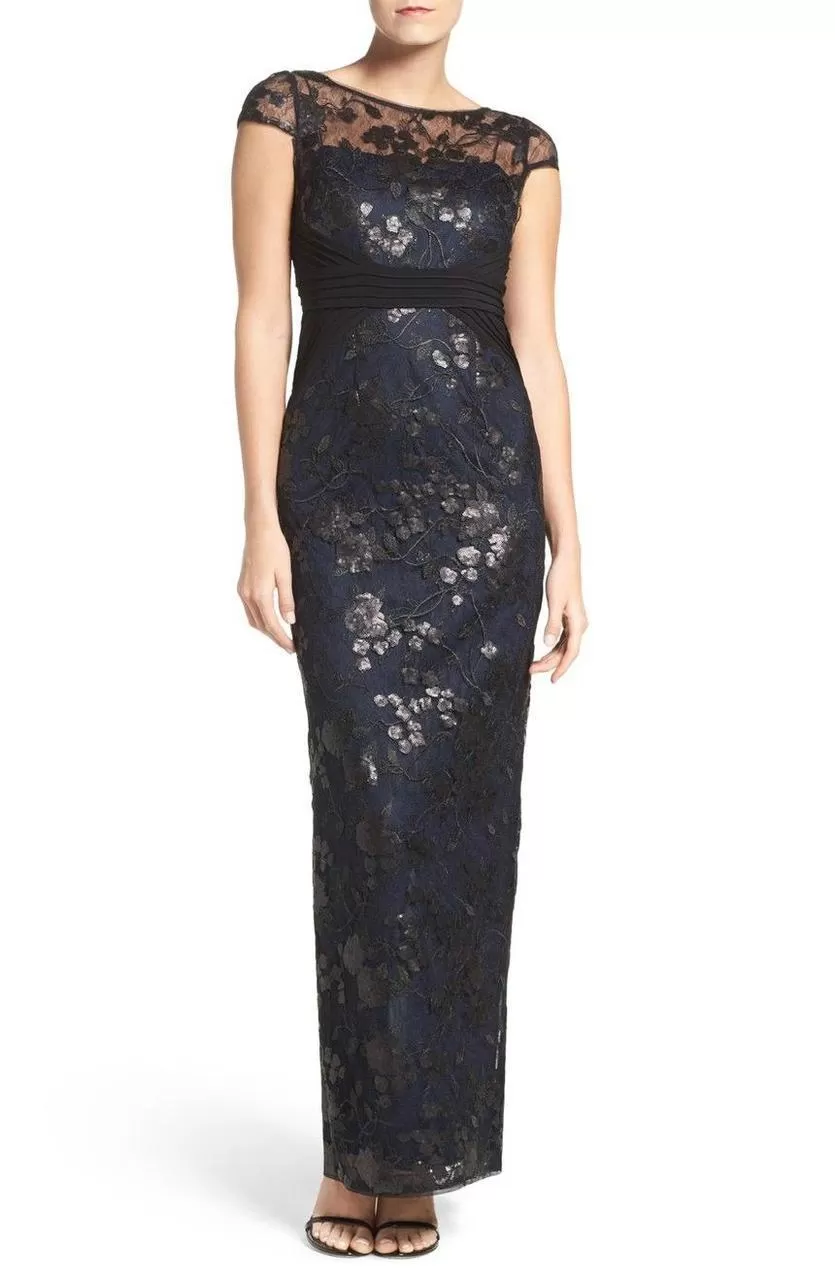 Adrianna Papell - Illusion Cap Sleeve Sequined Floral Gown AP1E200799 - 1 pc Black Navy In Size 10 Available