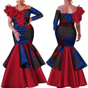 African Dress Red With Blue Prints