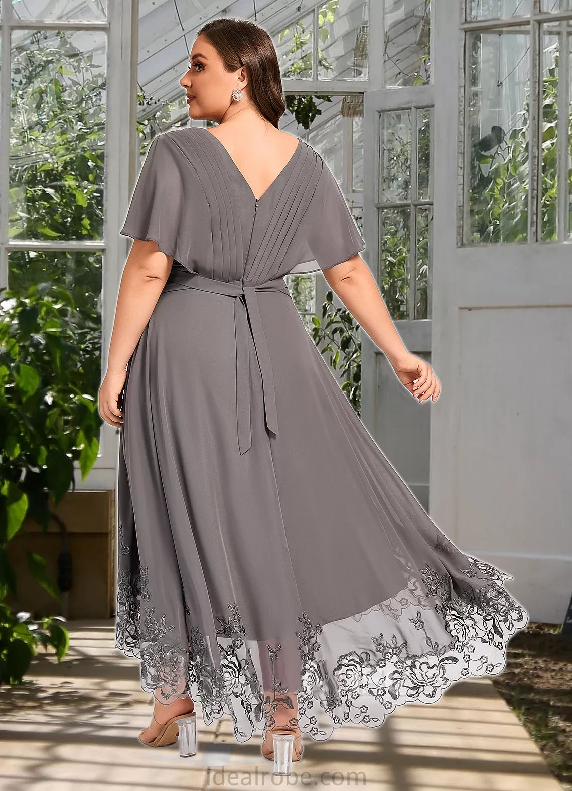 Amari A-line V-Neck Asymmetrical Chiffon Lace Mother of the Bride Dress With Pleated STKP0021699