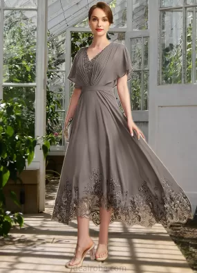 Amari A-line V-Neck Asymmetrical Chiffon Lace Mother of the Bride Dress With Pleated STKP0021699