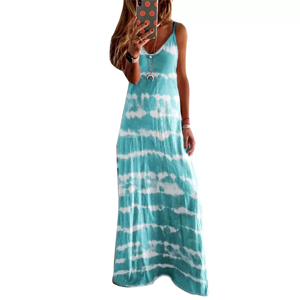 Ashore Shop New Arrival M-5XL Plus Size Women Ladies Casual Loose Sleeveless V Neck Tie Dye Print Long Vest Beach Sling Dress Spring Summer