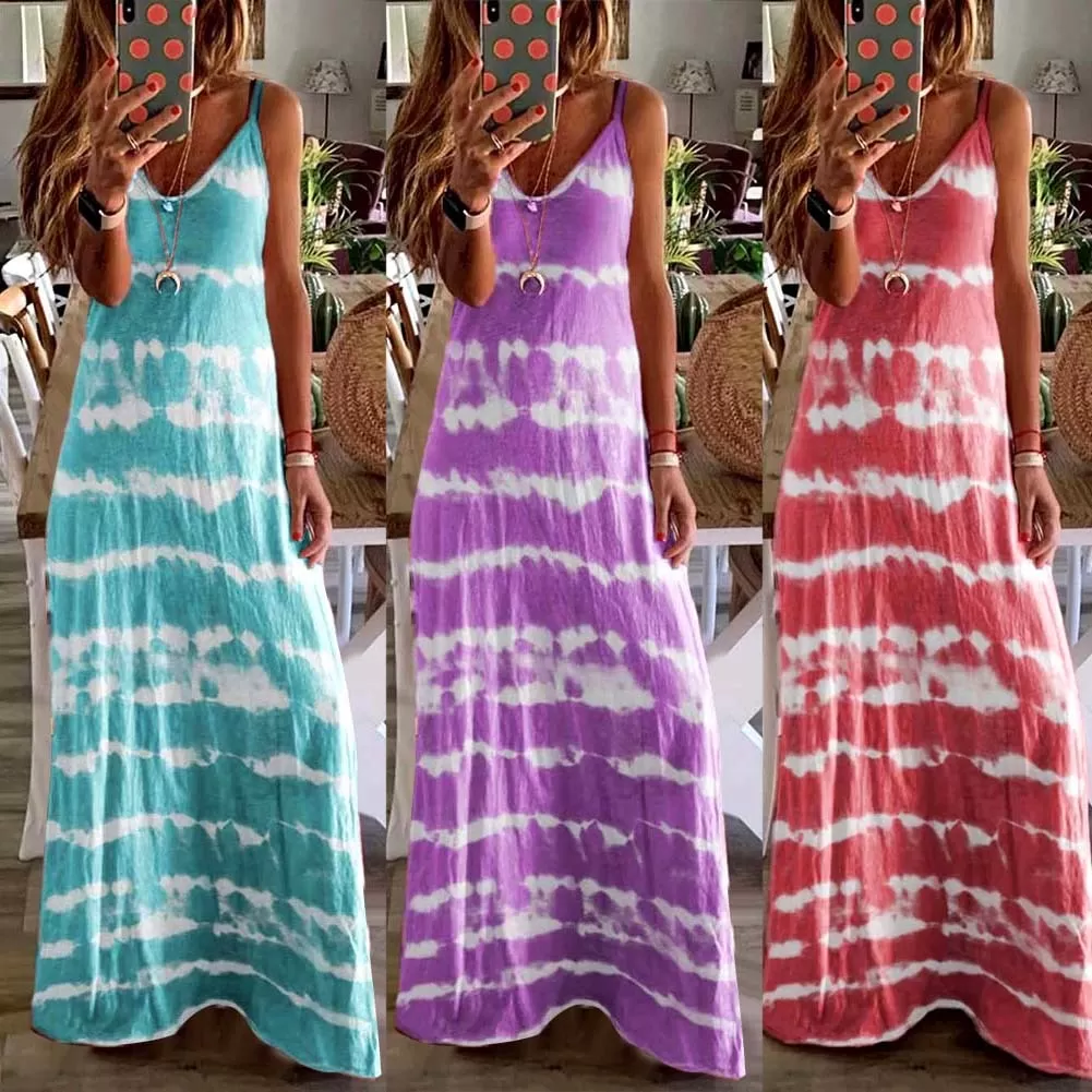 Ashore Shop New Arrival M-5XL Plus Size Women Ladies Casual Loose Sleeveless V Neck Tie Dye Print Long Vest Beach Sling Dress Spring Summer