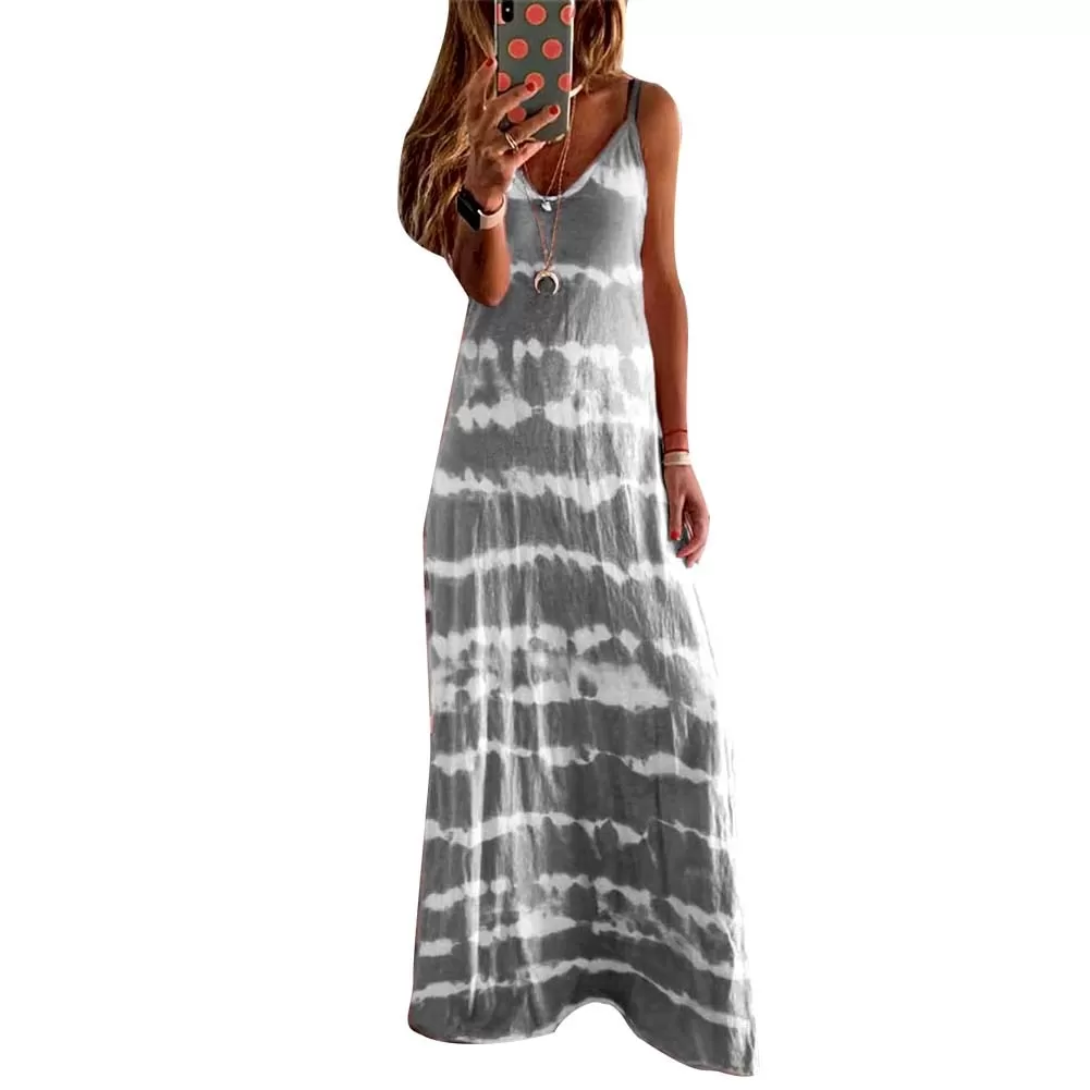 Ashore Shop New Arrival M-5XL Plus Size Women Ladies Casual Loose Sleeveless V Neck Tie Dye Print Long Vest Beach Sling Dress Spring Summer