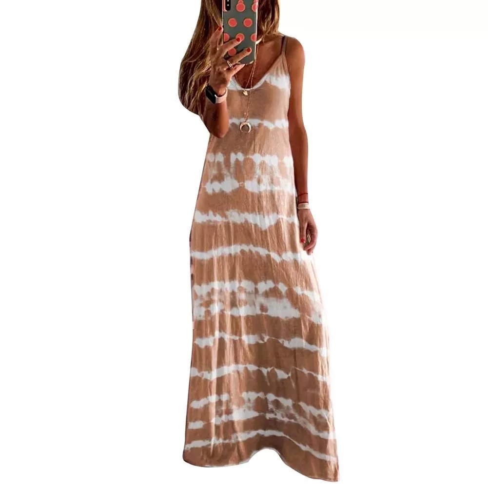 Ashore Shop New Arrival M-5XL Plus Size Women Ladies Casual Loose Sleeveless V Neck Tie Dye Print Long Vest Beach Sling Dress Spring Summer