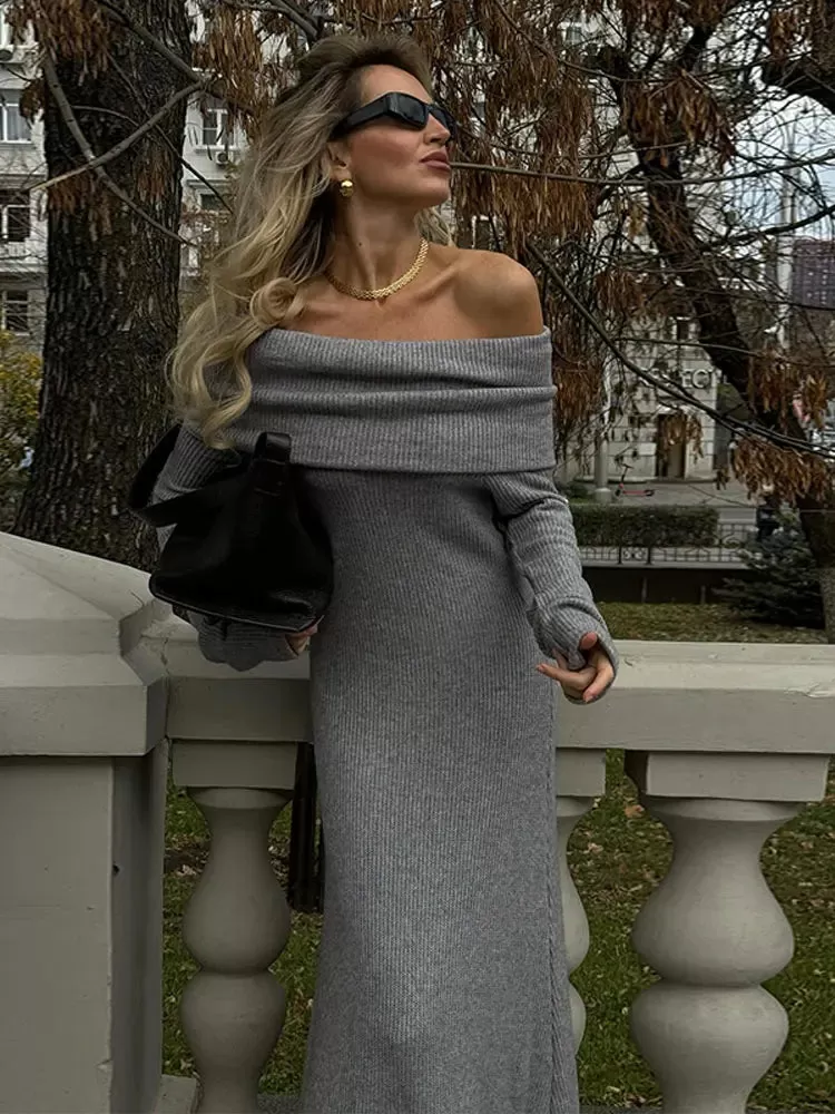 Ashore Shop Women Off Shoulder Backless Knitted Dresses Female Fashion Casual Knitted Maxi Dress