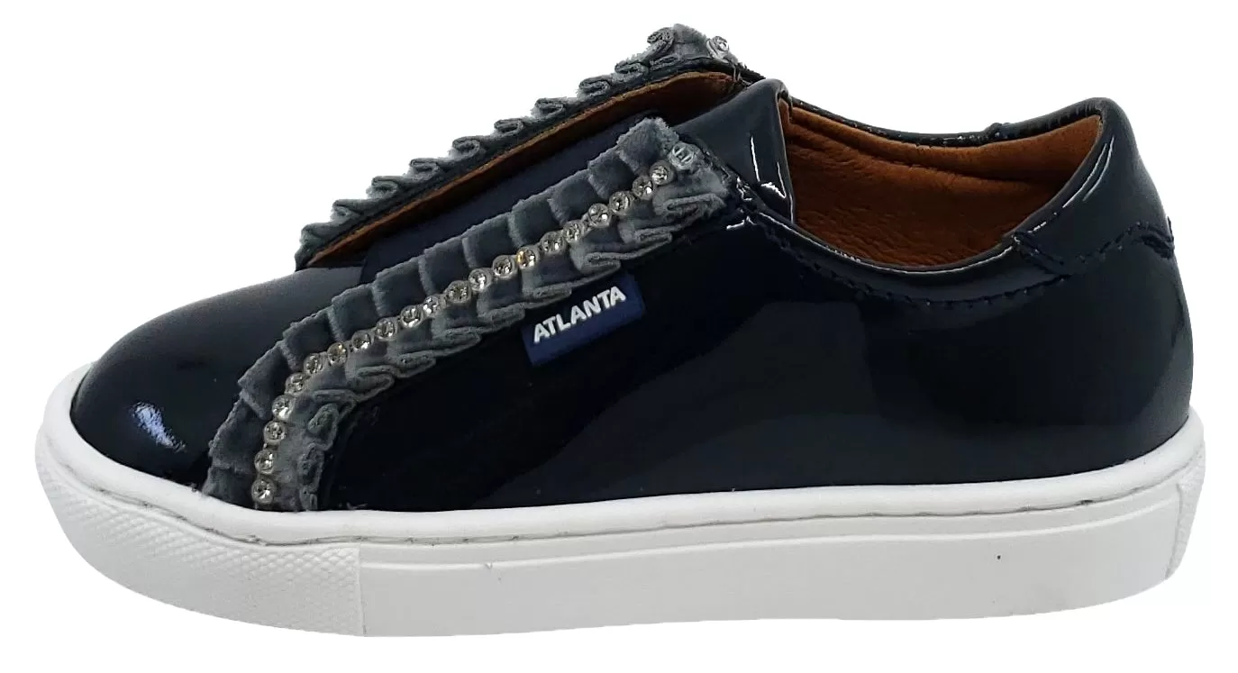 Atlanta Mocassin Girl's Patent Velvet Ruffle Rhinestone Elastic Band Slip-on Sneakers, Navy Blue Patent