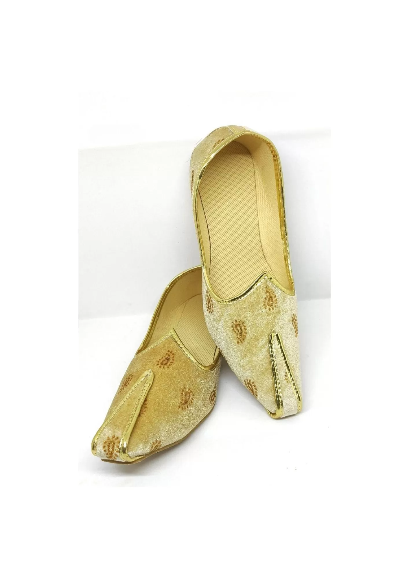 Attractive Cream Color Golden Velvet Paisley Printed Mojaris For Men