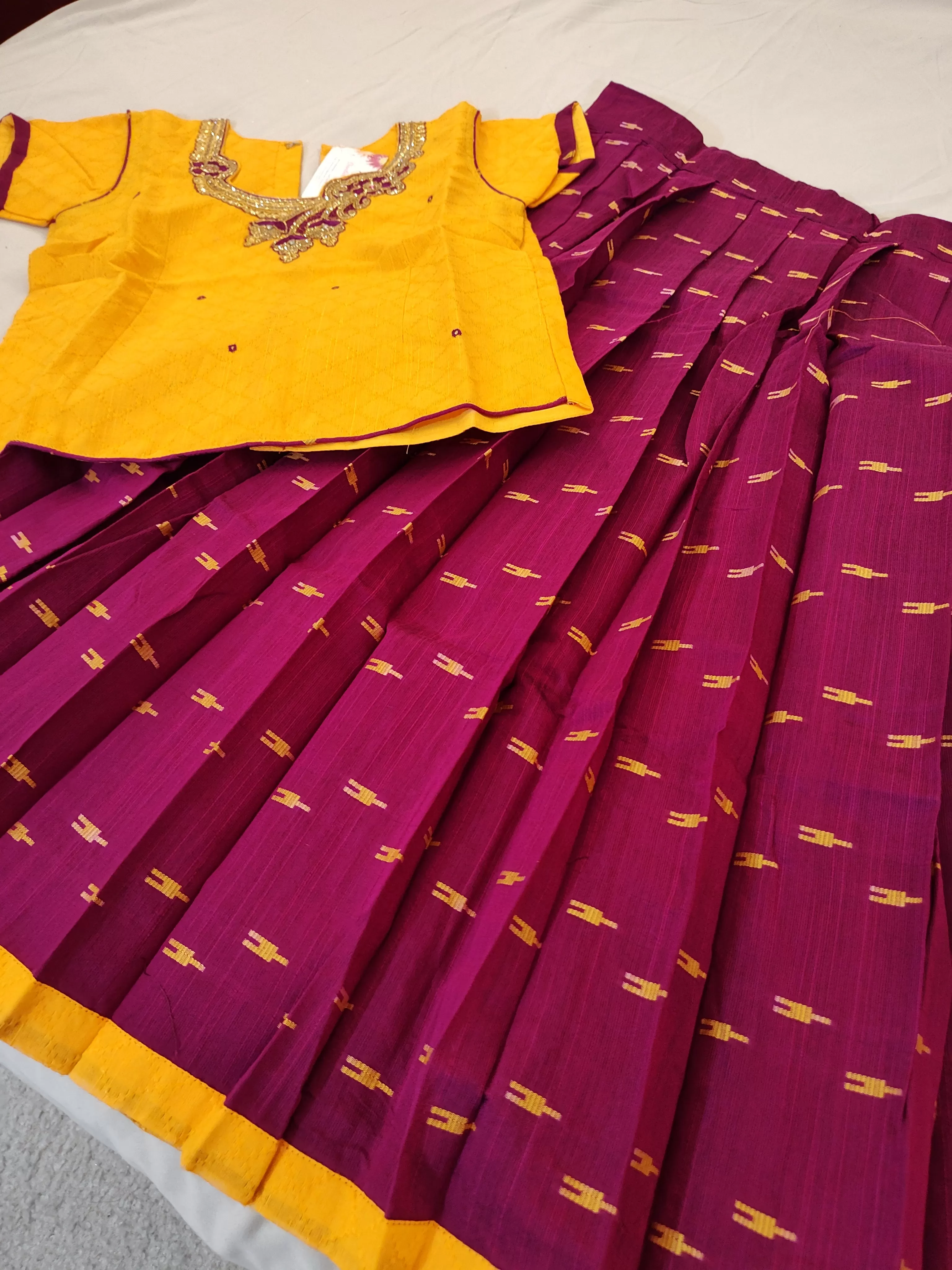 Attractive Yellow And Purple Raw Silk Langa Set