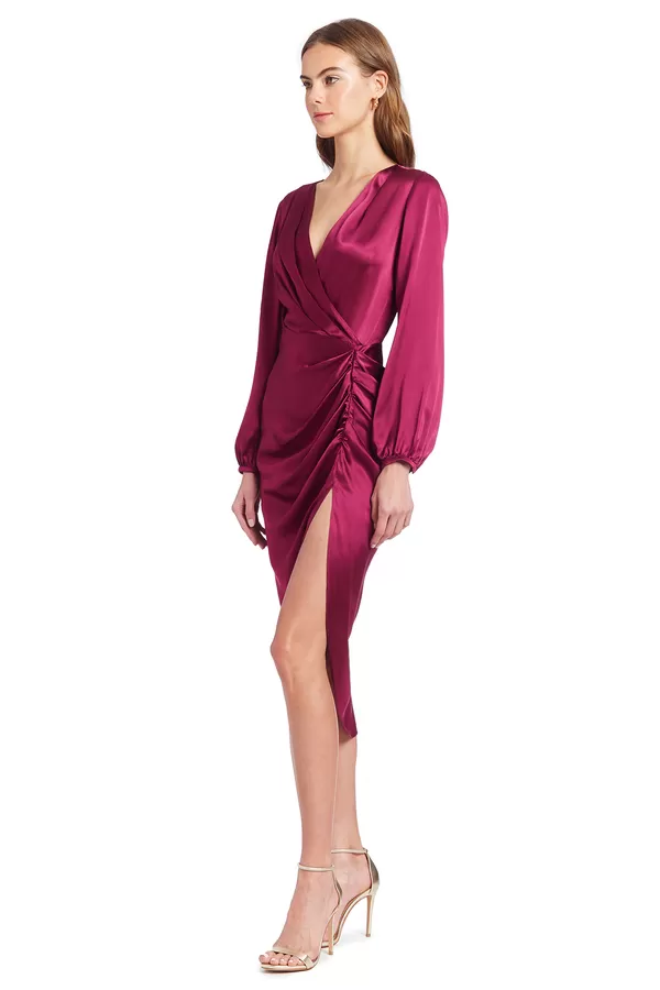 Aubergine satin Roma long sleeve dress