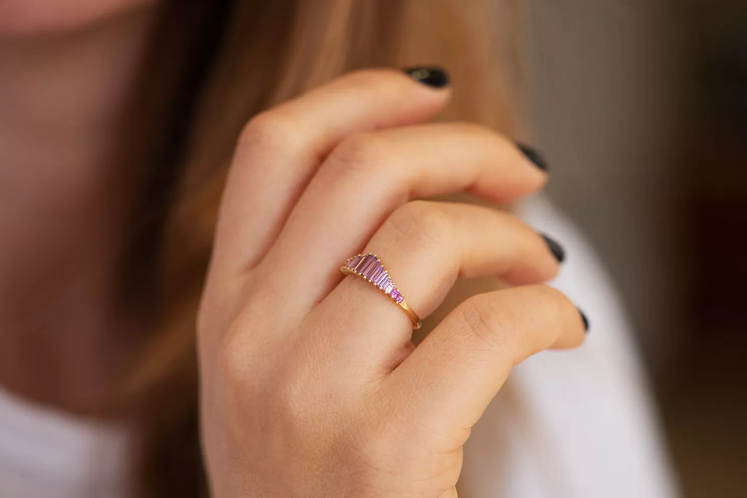 Baguette Cut Sapphire Ring - Purple and Lilac Engagement Ring