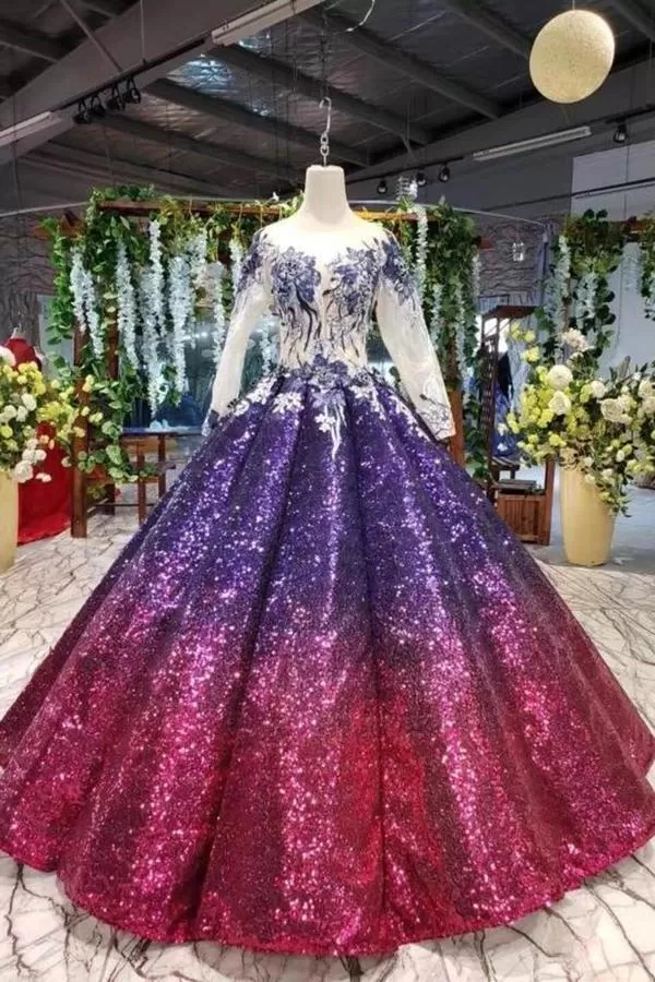 Ball Gown Long Sleeves Sequins Scoop Prom Dress Puffy Quinceanera PD7K4YF7