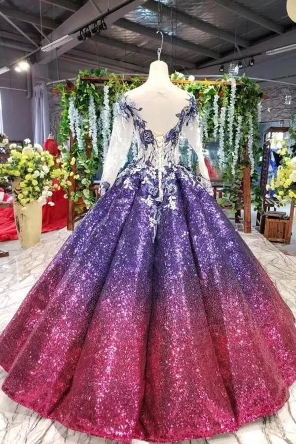 Ball Gown Long Sleeves Sequins Scoop Prom Dress Puffy Quinceanera PD7K4YF7