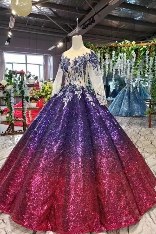 Ball Gown Long Sleeves Sequins Scoop Prom Dress Puffy Quinceanera PD7K4YF7