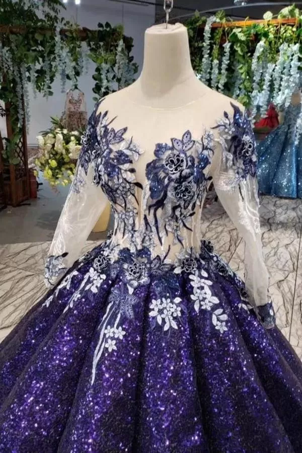 Ball Gown Long Sleeves Sequins Scoop Prom Dress Puffy Quinceanera PD7K4YF7