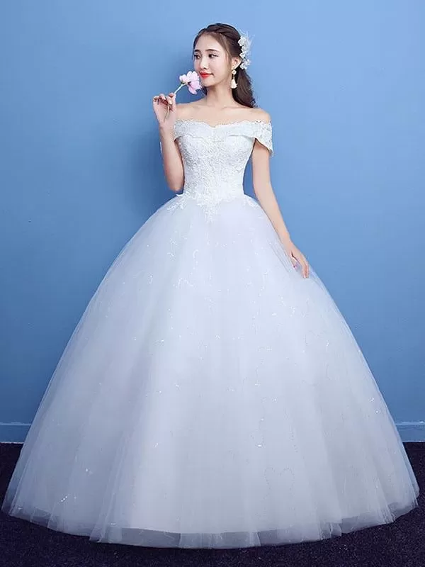 Ball Gown Wedding Dress Princess Silhouette Floor-Length Bateau Neck Short Sleeves Applique Tulle Bridal Gowns