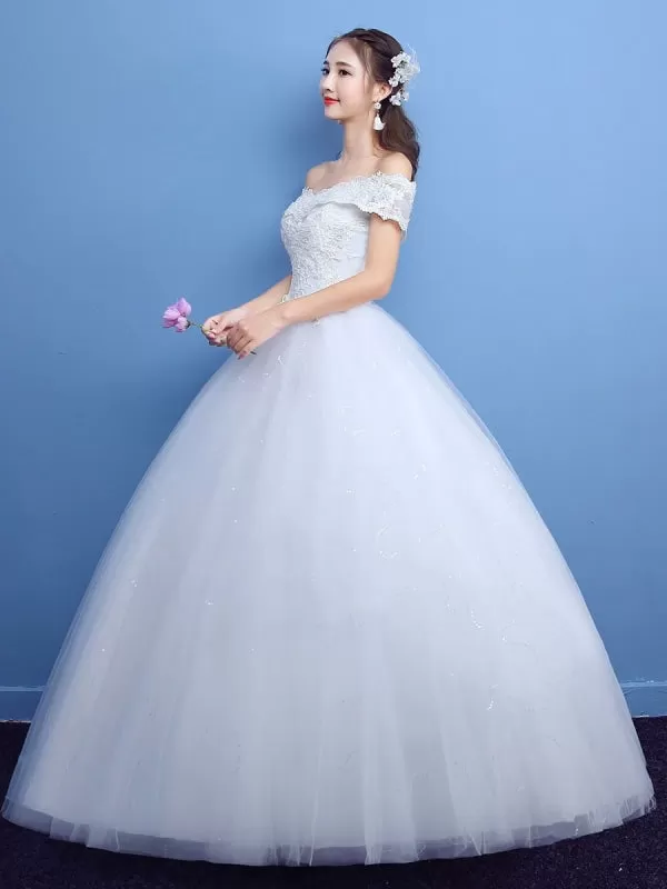 Ball Gown Wedding Dress Princess Silhouette Floor-Length Bateau Neck Short Sleeves Applique Tulle Bridal Gowns