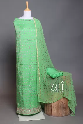 Bandhej Satin silk Unstitched Suit with Dori, Gota, Gota Patti, Pearl, Sequins work.