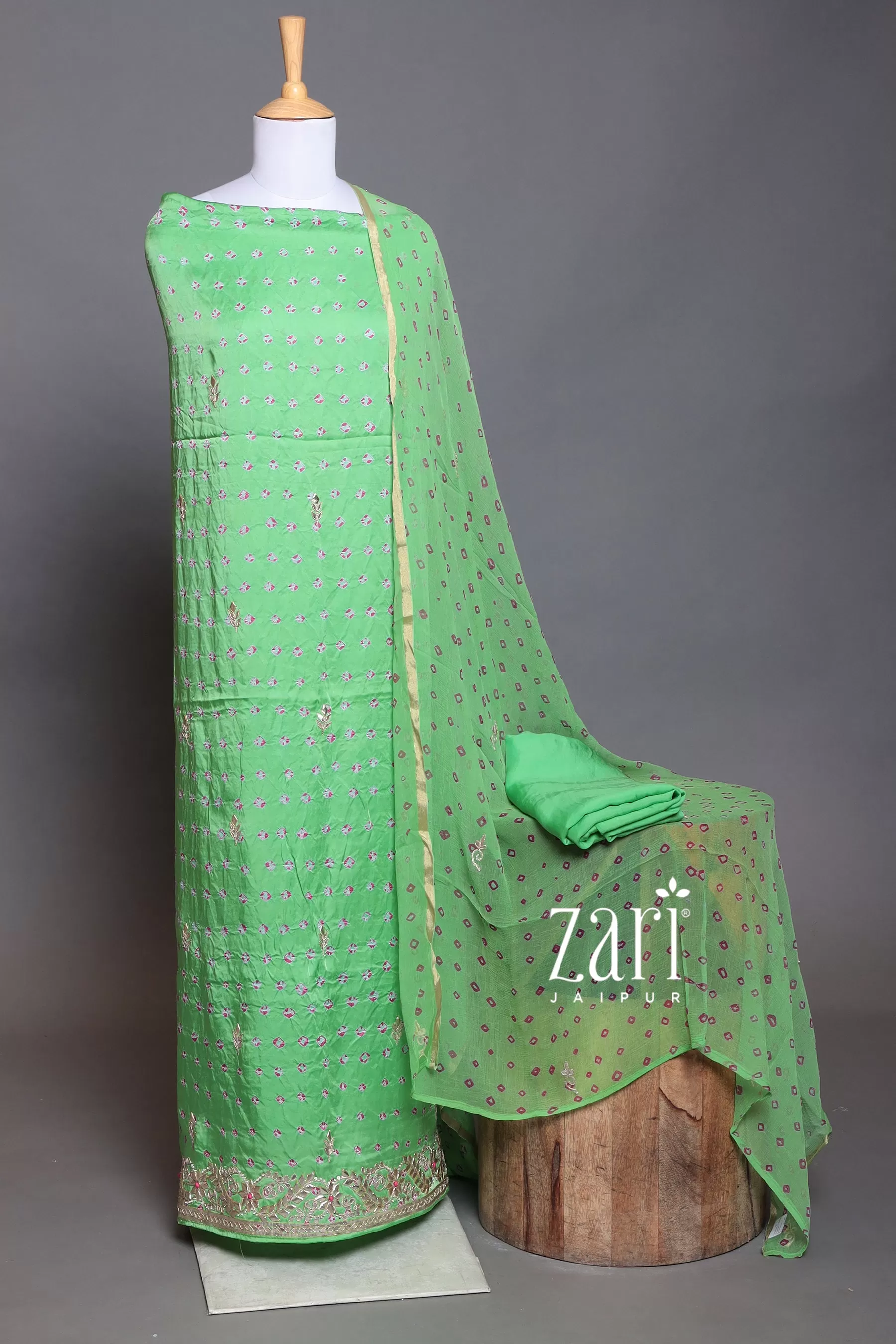 Bandhej Satin silk Unstitched Suit with Dori, Gota, Gota Patti, Pearl, Sequins work.