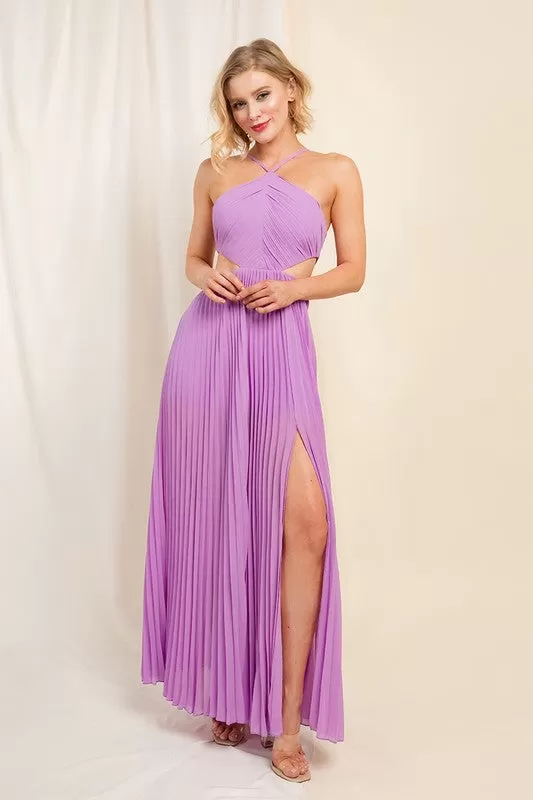 Beachside Halter Cut Out A-line Pleated Dress (Lavender)