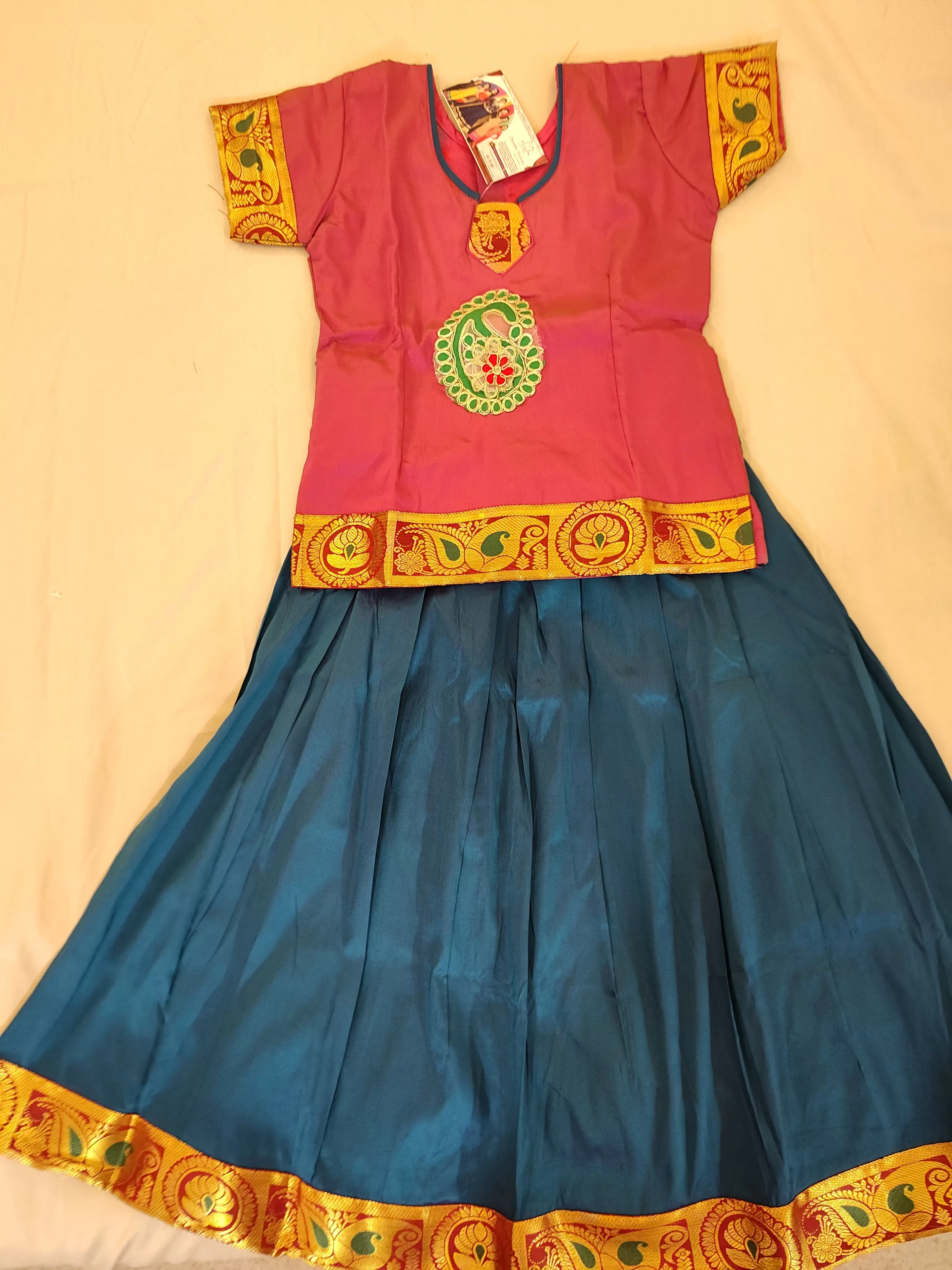 Beautiful Pink Color Embroidery Silk Langa Set For Kids