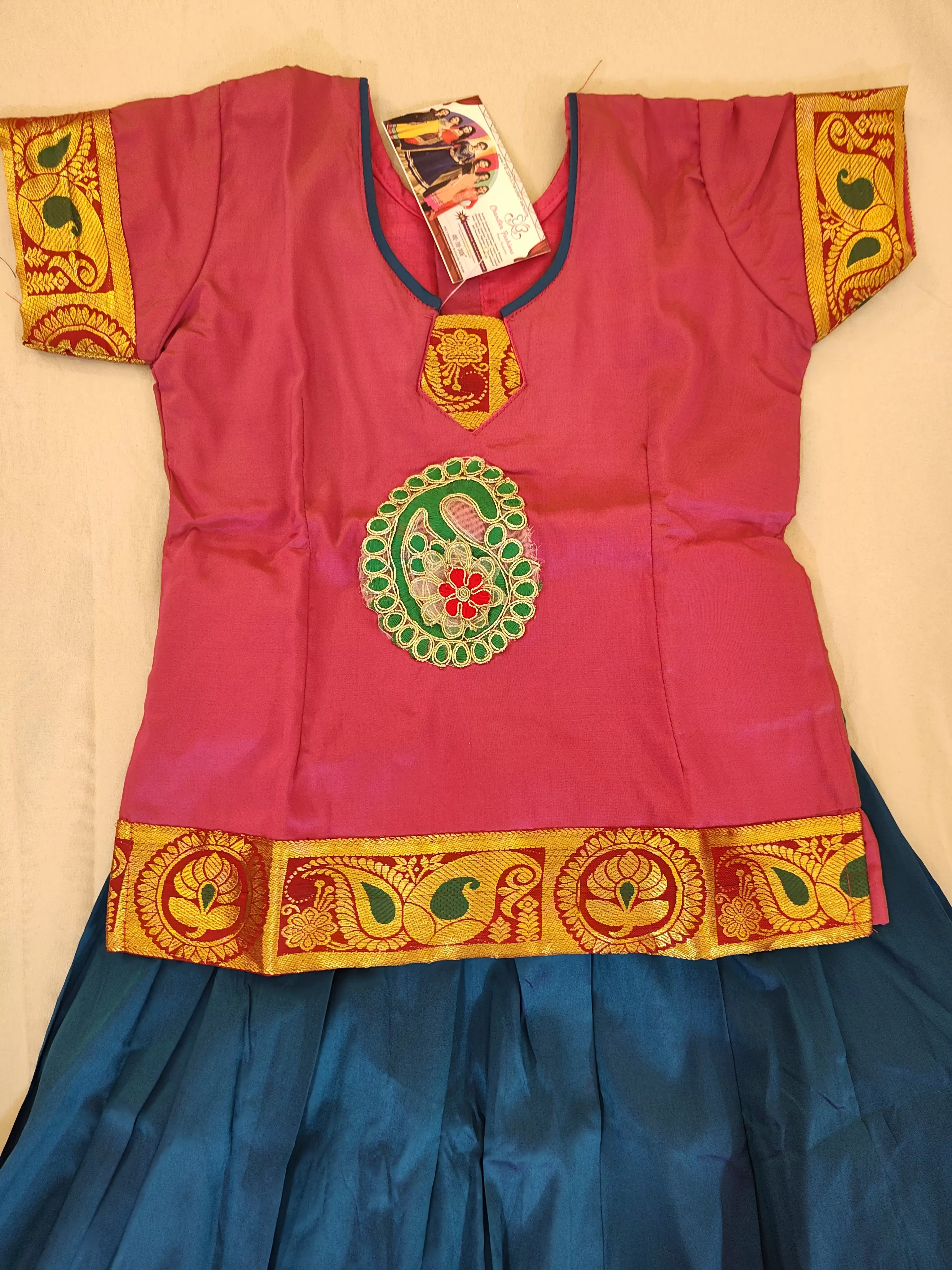 Beautiful Pink Color Embroidery Silk Langa Set For Kids