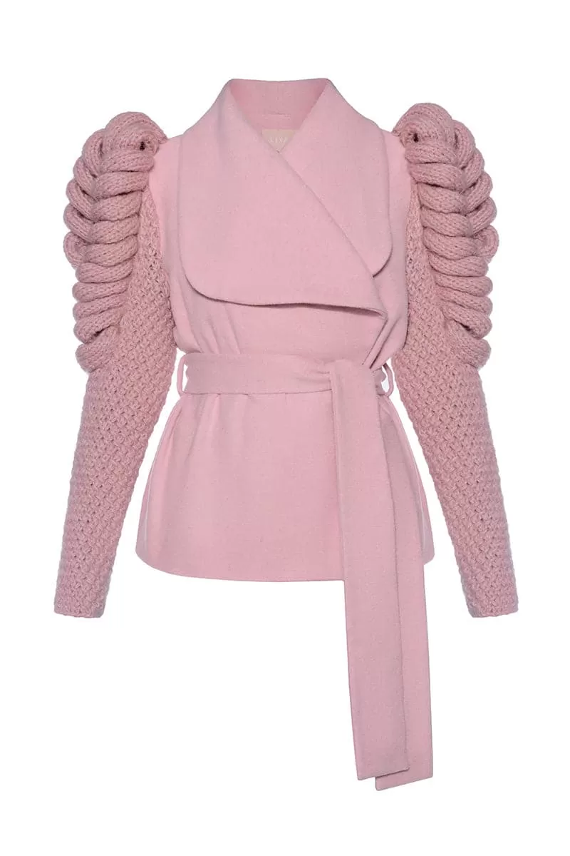 BELTED SHORT PINK COAT WITH KNITTED SLEEVES