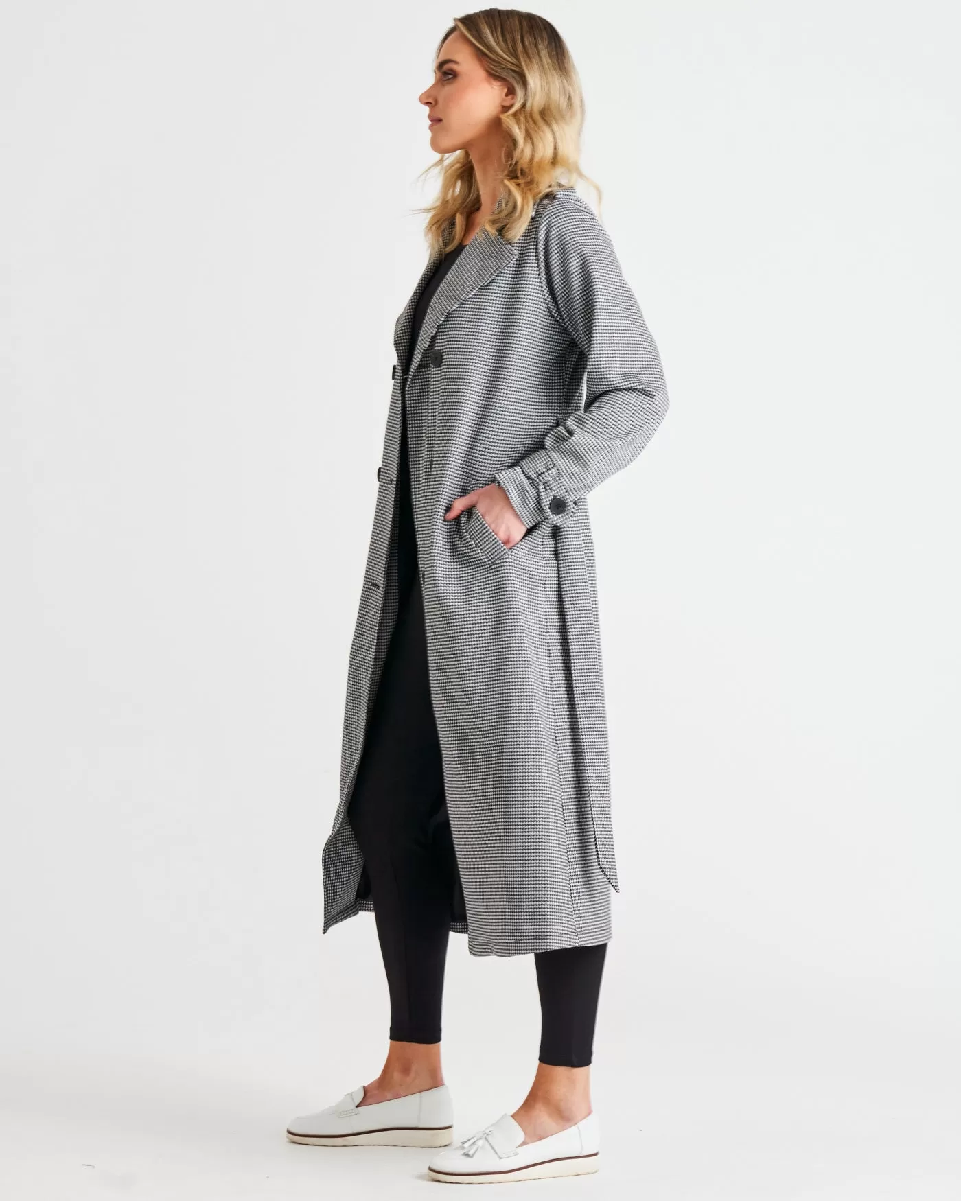 Betty Basics Ponte Trench Coat - Black Houndstooth