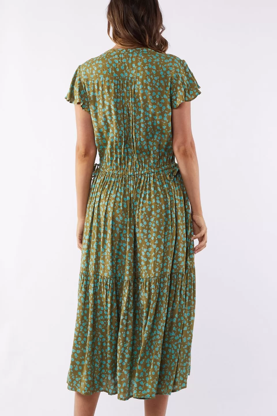 Bianca Moss Green Print SS Tiered Midi Dress