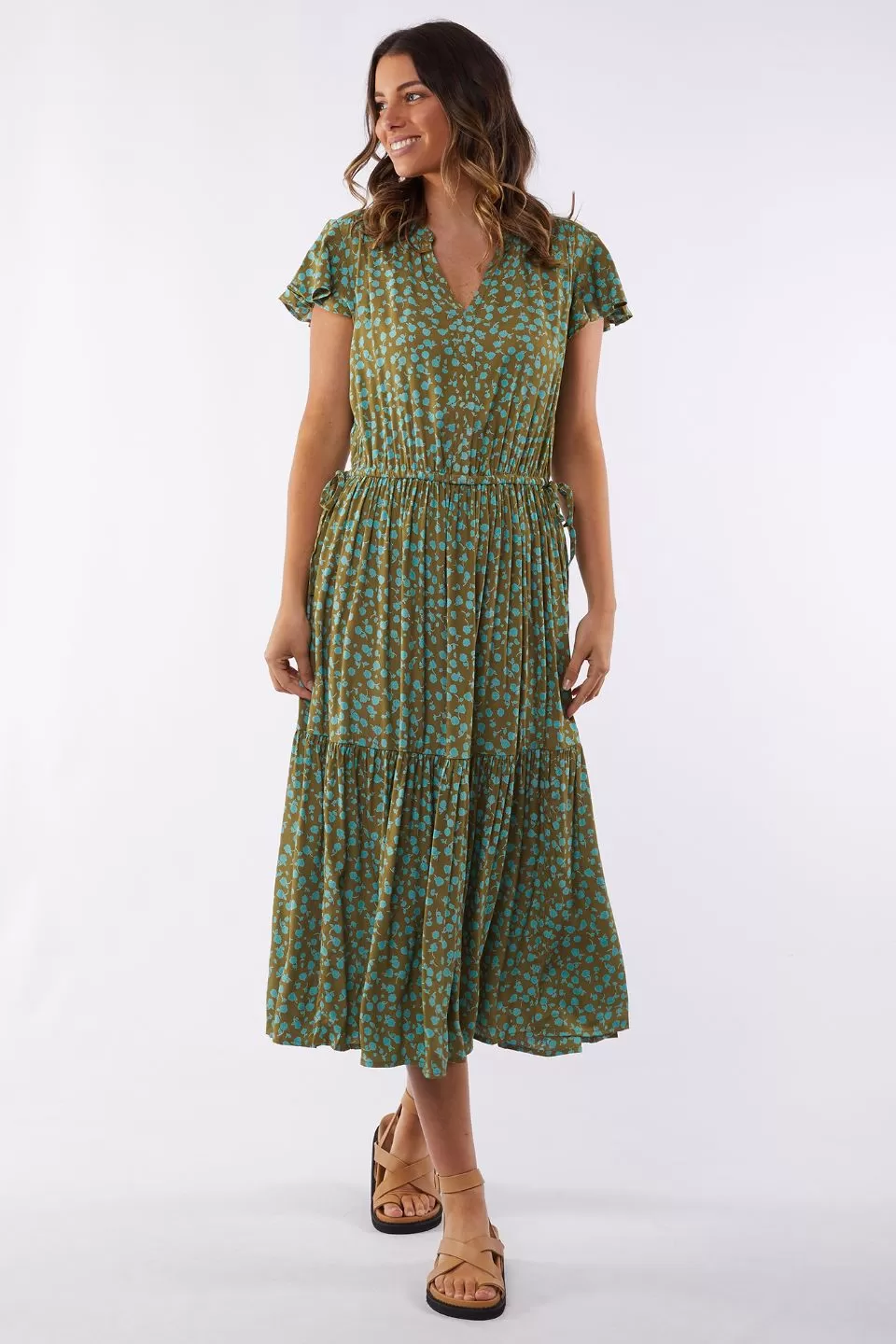 Bianca Moss Green Print SS Tiered Midi Dress