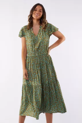 Bianca Moss Green Print SS Tiered Midi Dress