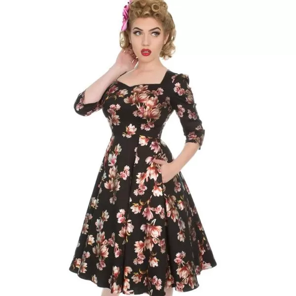 Black & Gold Floral Print 3/4 Sleeve Sweetheart Neck 50s Swing Dress