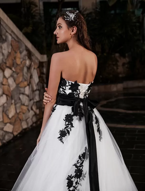 Black A-Line Wedding Dress Strapless Black Applique Sash Tulle Satin Fabric Wedding Gown Exclusive