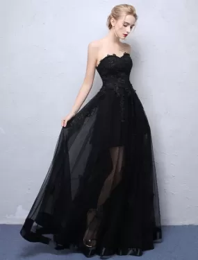 Black Prom Dresses Strapless Long Party Dress Lace Applique Sweetheart Illusion Formal Evening Dress