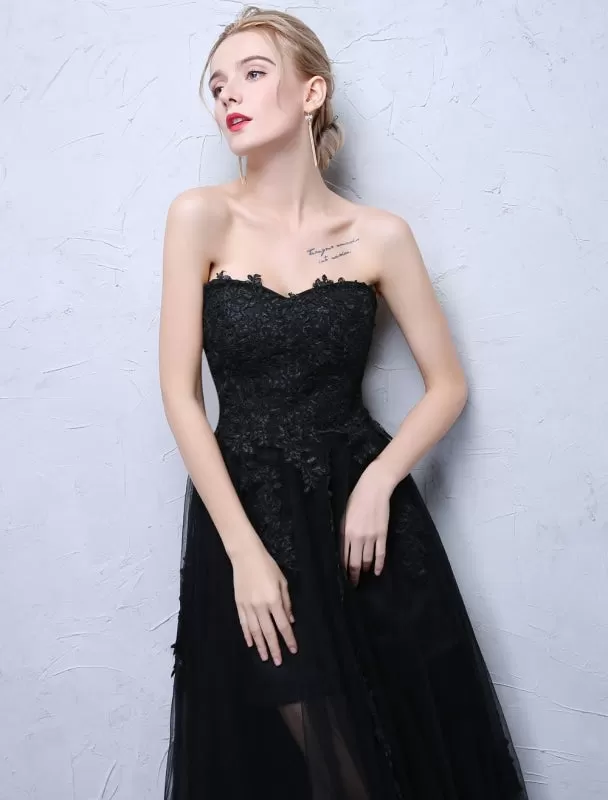 Black Prom Dresses Strapless Long Party Dress Lace Applique Sweetheart Illusion Formal Evening Dress