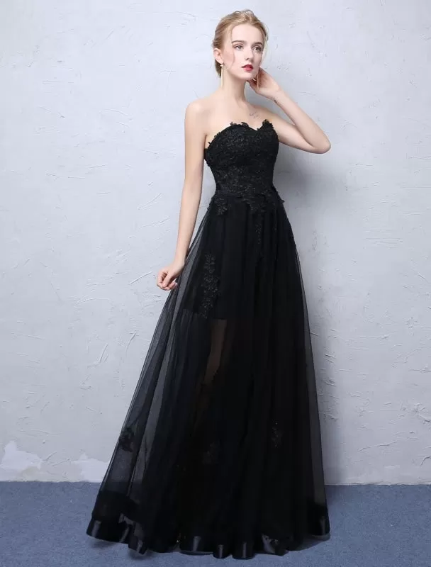 Black Prom Dresses Strapless Long Party Dress Lace Applique Sweetheart Illusion Formal Evening Dress