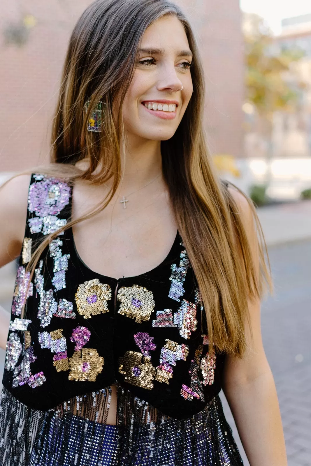 Black Sequin Detail Fringe Top