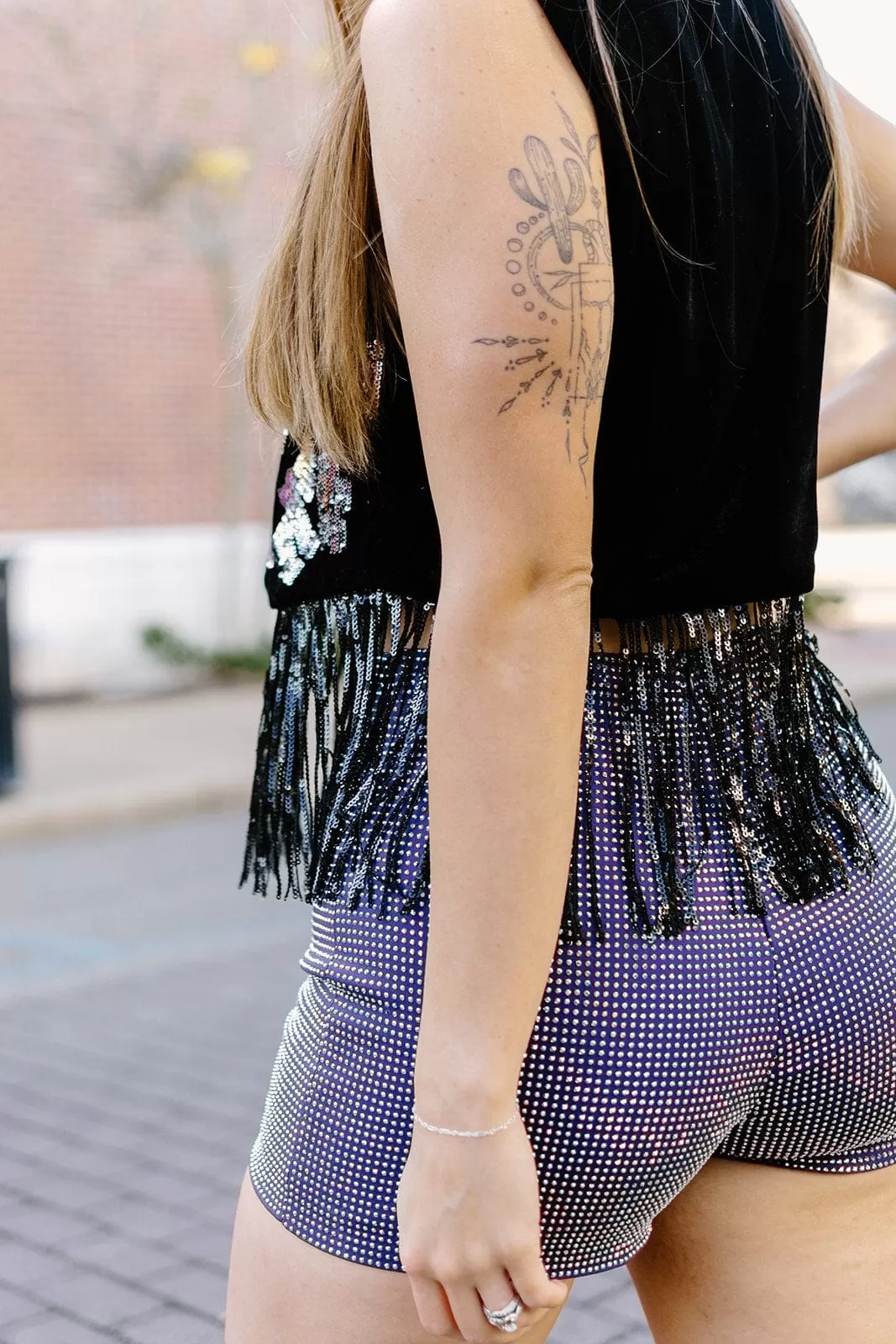 Black Sequin Detail Fringe Top