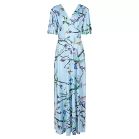 Blue Floral Print Waterfall Sleeve Maxi Dress