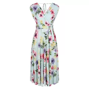 Blue Pink Yellow Floral V Neck Crossover Top Empire Waist Swing Dress