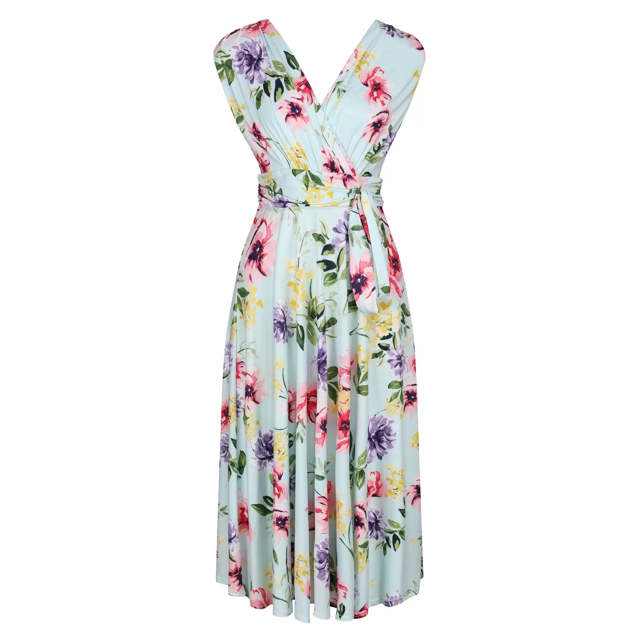 Blue Pink Yellow Floral V Neck Crossover Top Empire Waist Swing Dress