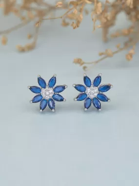 Blue Sapphire Statement Flower Stud Earring In 925 Silver