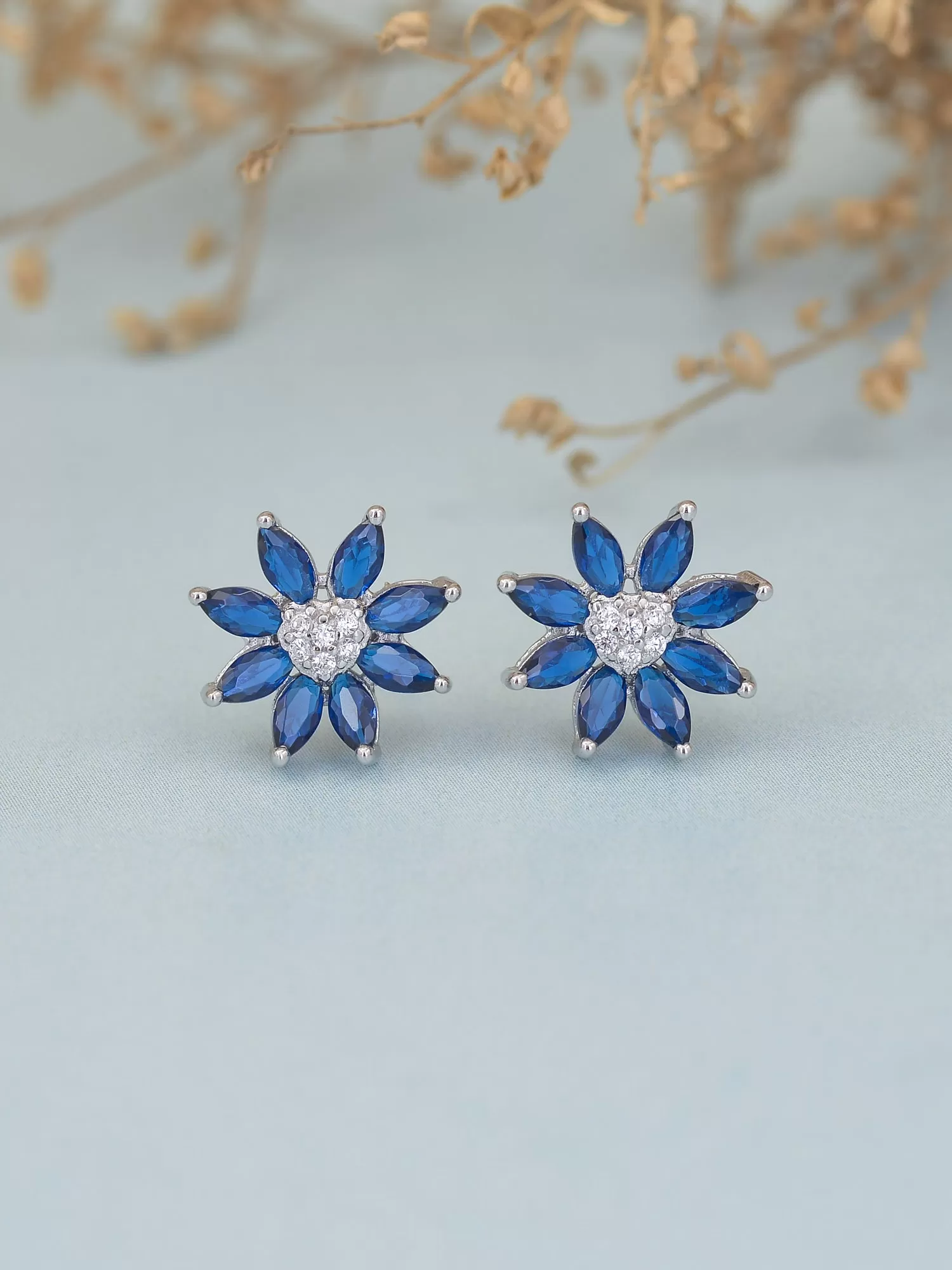 Blue Sapphire Statement Flower Stud Earring In 925 Silver